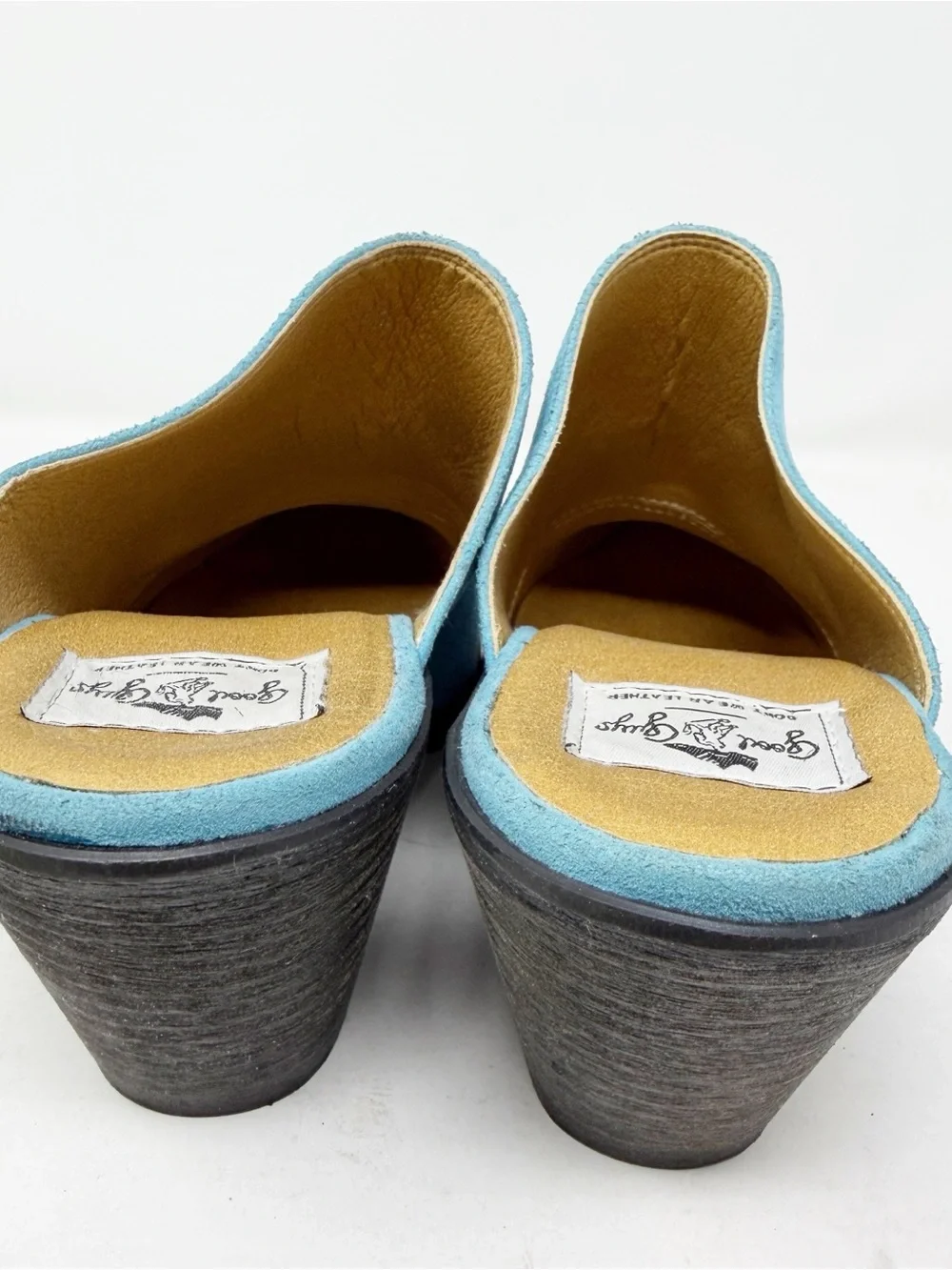 Good Guys Dont Wear Leather Lola Blue Vegan Suede Mules Pointed Toe Heels 42
